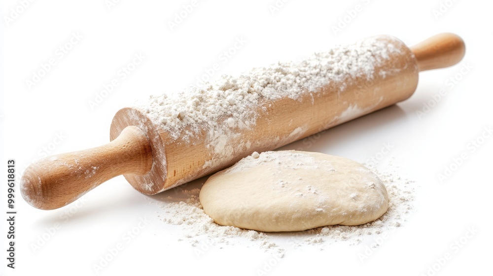 A classic French rolling pin beside a floured dough, isolated on a white background A classic French rolling pin beside a floured dough, isolated on a white background
