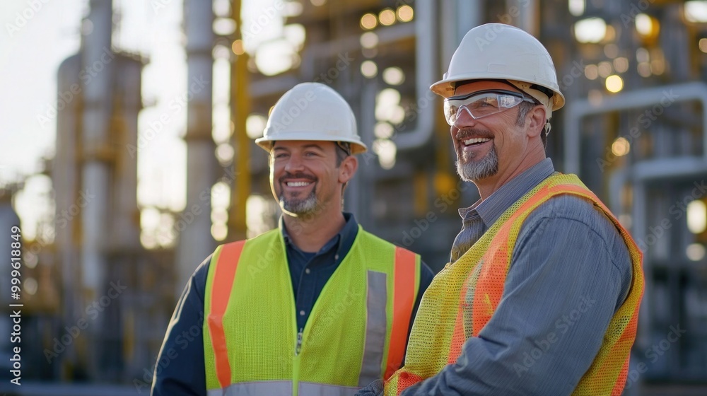 Two engineers in safety vests, smiling and looking at the camera, with a blurred industrial plant background Two engineers in safety vests, smiling and looking at the camera, with a blurred industrial plant background