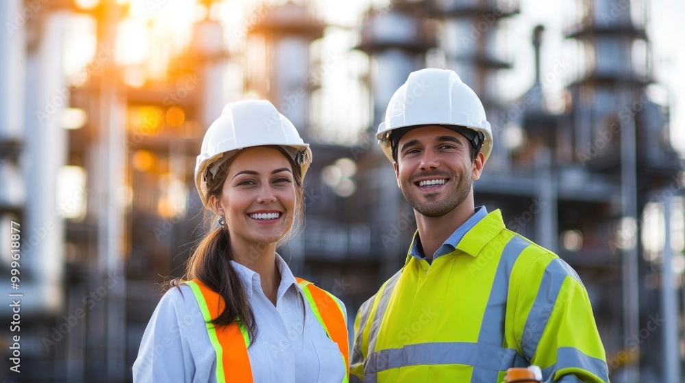 Two engineers smiling while wearing safety gear and hard hats, with a blurred background of an industrial plant Two engineers smiling while wearing safety gear and hard hats, with a blurred background of an industrial plant