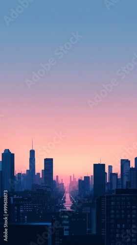 Silhouetted Modern Buildings at Sunset in Vertical Format. City Background, copy space