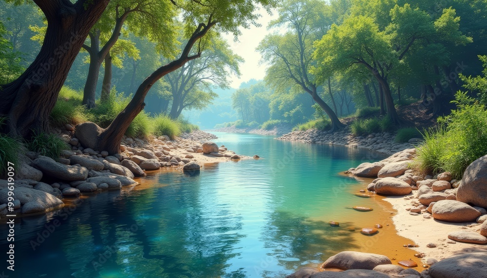 Tranquil river in a serene forest setting Tranquil river in a serene forest setting