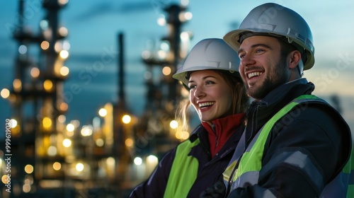 Two happy industrial engineers wearing hard hats and safety gear, with an industrial plant blurred in the background