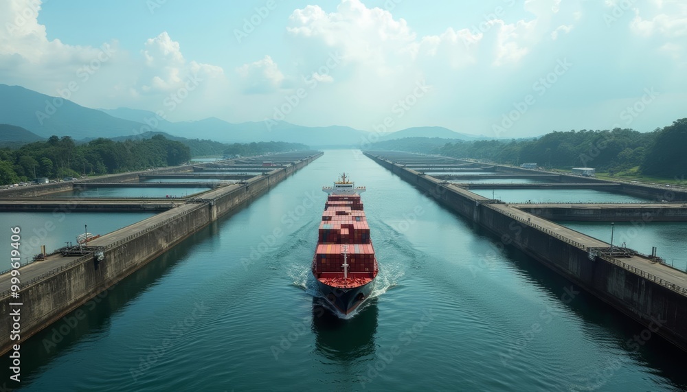 Fototapeta premium Vast canal serene waters and a vibrant ship on a clear day
