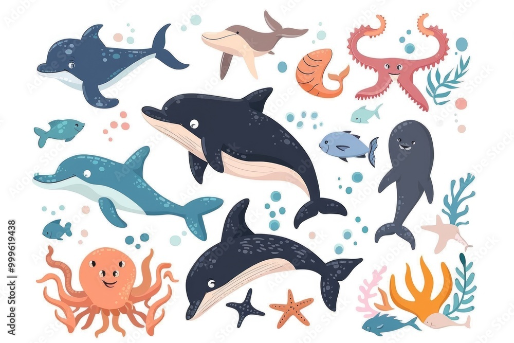 Fototapeta premium A group of different sea animals gathered together in a circular formation