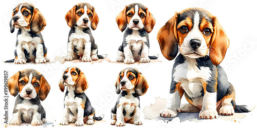 A collection of eight adorable Beagle puppies in various poses. The puppies have short, brown and white fur, and their big, brown eyes are full of curiosity and playfulness.