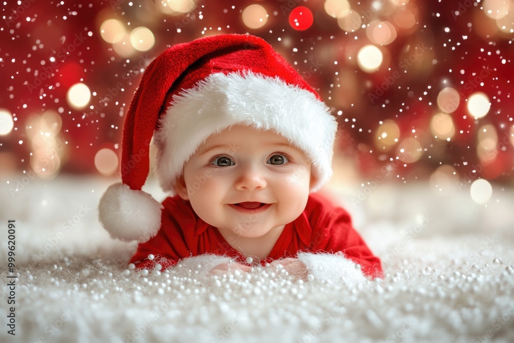 Smiling Baby Girl in Santa Hat, Celebrating Christmas with Joy and Cheer Smiling Baby Girl in Santa Hat, Celebrating Christmas with Joy and Cheer