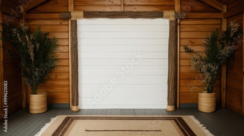 Rustic-themed arch backdrop for event decoration, incorporating natural materials