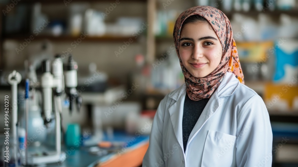 Fototapeta premium Curious Jordanian Girl Dressed as a Scientist Conducting Experiments in a Biology Lab