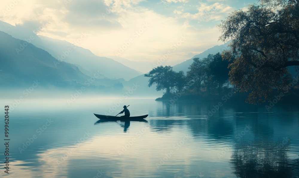 Fototapeta premium A lone man rows a boat on a serene lake.