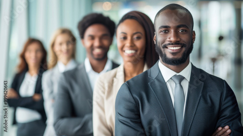 A group of cheerful professionals poses together in business attire, showcasing a mixture of ethnicities and smiles in a contemporary office setup.