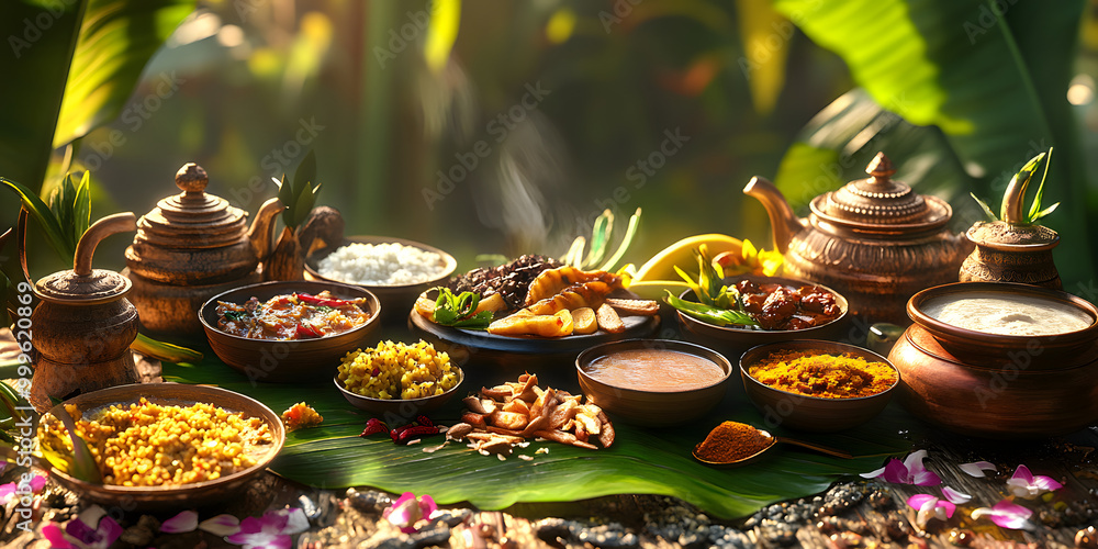 Traditional Indian Feast with Exotic Dishes and Spices on a Banana Leaf in a Tropical Setting Traditional Indian Feast with Exotic Dishes and Spices on a Banana Leaf in a Tropical Setting