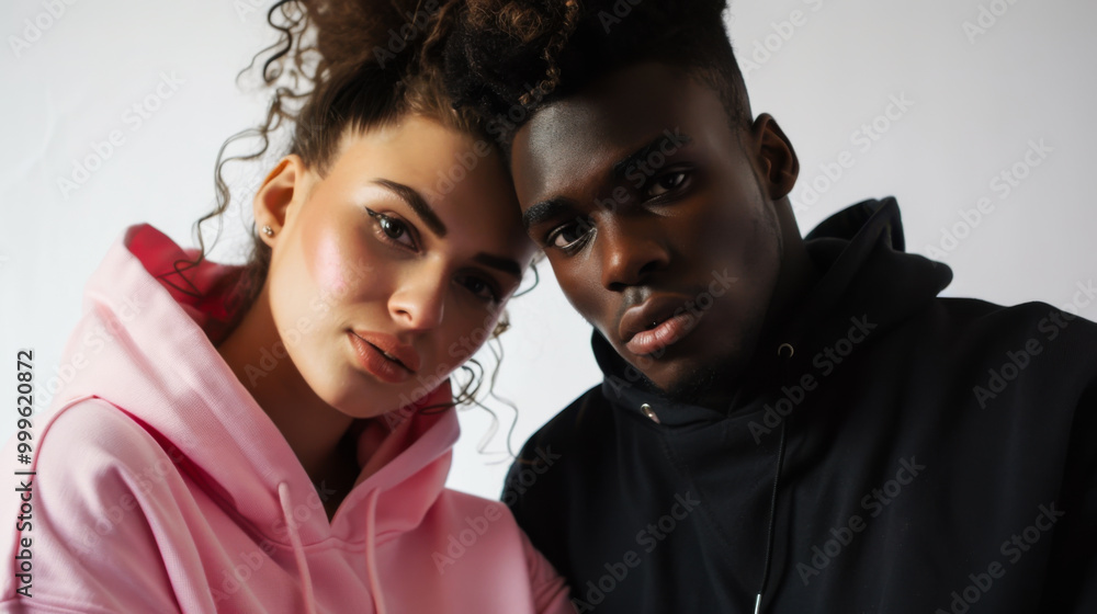 Two young adults in hoodies pose closely together against a neutral background in a studio setting Two young adults in hoodies pose closely together against a neutral background in a studio setting