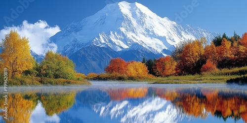 Fall foliage reflects in a still lake with a snow-capped mountain in the background.