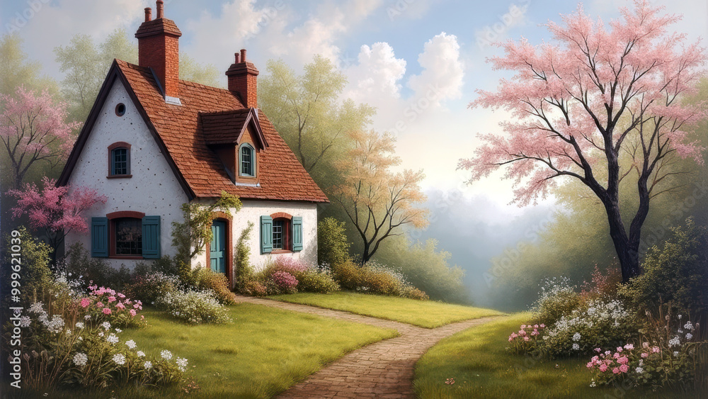 Obraz premium Idyllic Country Cottage with Blooming Spring Flowers in a Meadow