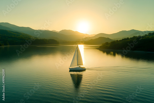 A calm lake with sailboats gently sailing across it. photo