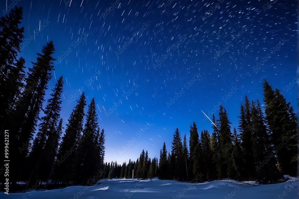 Winter Forest Landscape with Tall Pine Trees Under a Clear Night Sky Filled with Stars Winter Forest Landscape with Tall Pine Trees Under a Clear Night Sky Filled with Stars