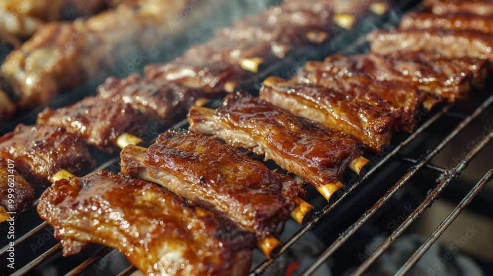 A barbecue party with grilled pork ribs and chicken wings, the smoky aroma filling the air as friends gather around the grill. A barbecue party with grilled pork ribs and chicken wings, the smoky aroma filling the air as friends gather around the grill.