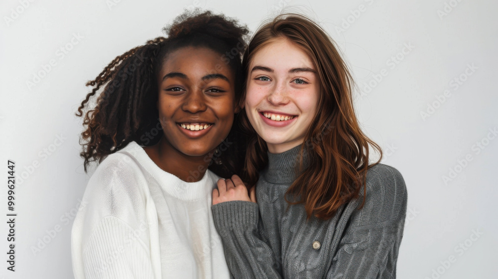 Two women with different skin tones and hairstyles share a joyful moment, showcasing friendship and warmth in a cozy environment.