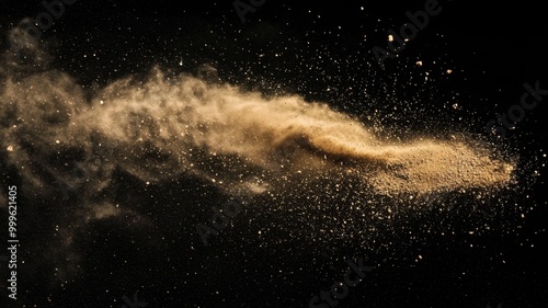 A swirling cloud of golden dust against a dark background, creating an ethereal and abstract effect.