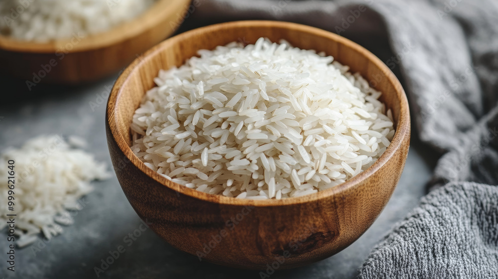 A simple yet appealing image of uncooked white rice in a wooden bowl, capturing the wholesome and nutritious quality of this staple food. 