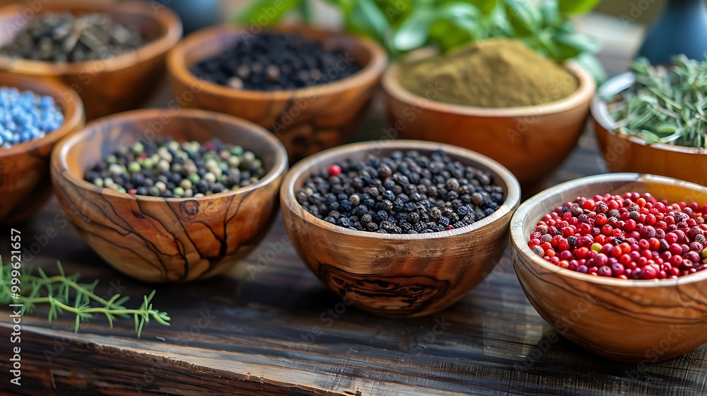 Various spices and herbs placed in wooden bowls Various spices and herbs placed in wooden bowls