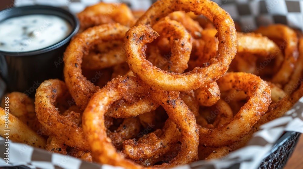 A basket of Cajun-spiced curly fries, crispy and full of flavor, with a side of ranch dipping sauce. A basket of Cajun-spiced curly fries, crispy and full of flavor, with a side of ranch dipping sauce.