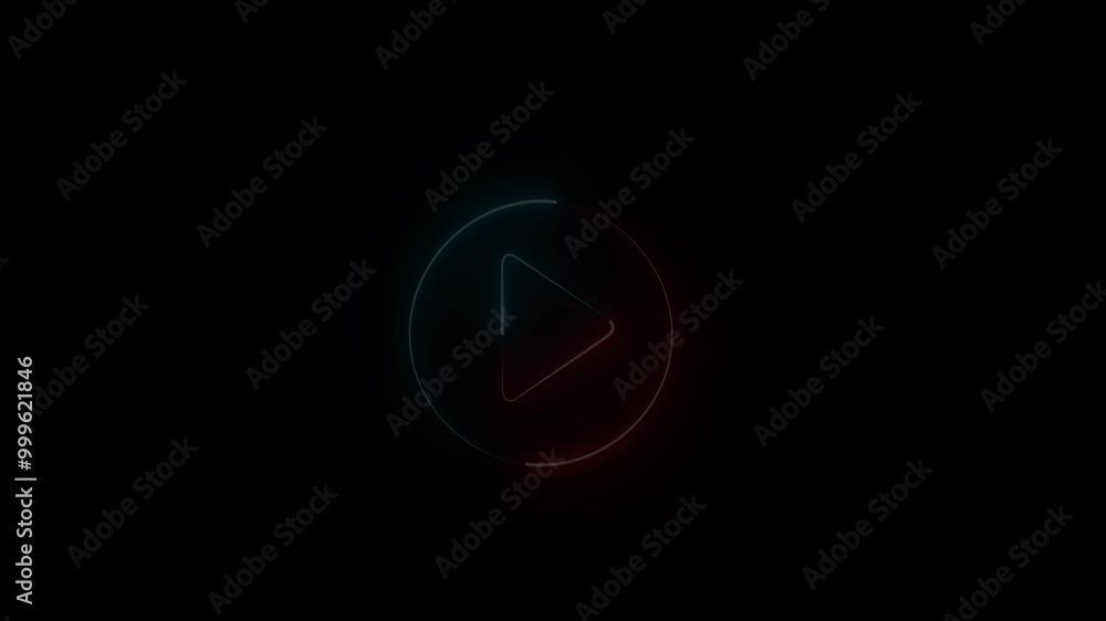 Neon pink and green color play button icon on black background. Neon ...