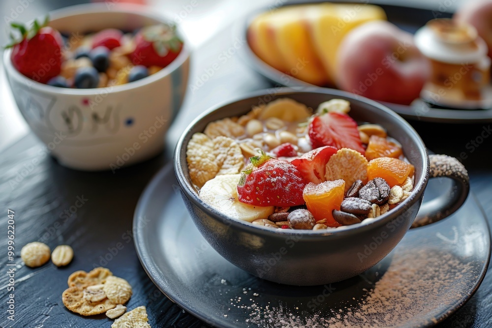 A bowl filled with cereal, fruit, and crackers on a table A bowl filled with cereal, fruit, and crackers on a table
