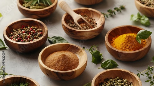 Various spices and herbs placed in wooden bowls