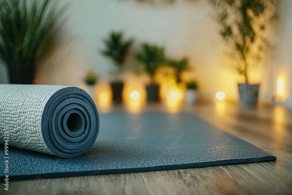 Rolled Up Yoga Mat in a Relaxing Setting Rolled Up Yoga Mat in a Relaxing Setting