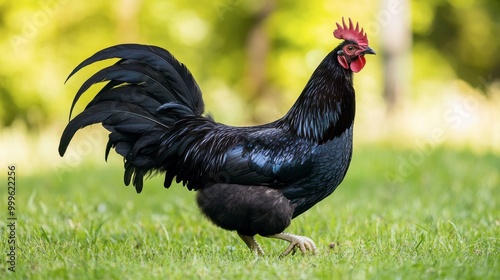 A black Sumatra chicken with its sleek, shiny feathers and long tail, walking through a green pasture. photo