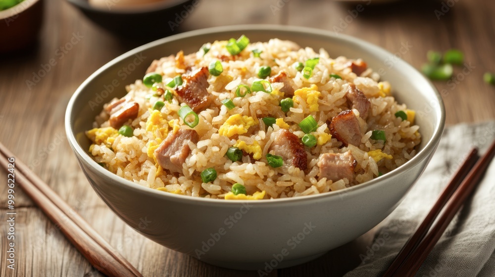 A bowl of Chinese-style fried rice with pork, egg, and green onions, served with chopsticks on the side. A bowl of Chinese-style fried rice with pork, egg, and green onions, served with chopsticks on the side.