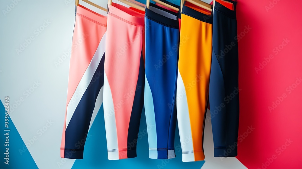 Colorful leggings hanging on hangers, against a blue and red background. Colorful leggings hanging on hangers, against a blue and red background.