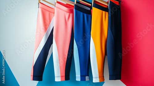 Colorful leggings hanging on hangers, against a blue and red background.