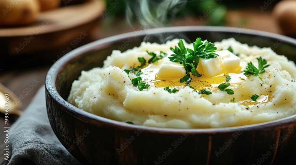 A bowl of creamy mashed potatoes topped with melted butter and fresh parsley, steaming hot and ready to eat. A bowl of creamy mashed potatoes topped with melted butter and fresh parsley, steaming hot and ready to eat.