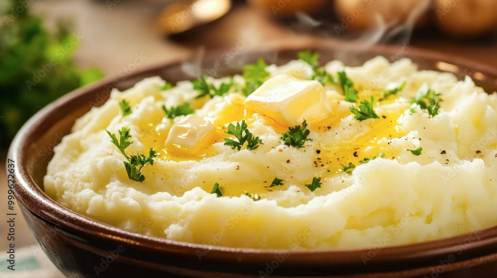 A bowl of creamy mashed potatoes topped with melted butter and fresh parsley, steaming hot and ready to eat. A bowl of creamy mashed potatoes topped with melted butter and fresh parsley, steaming hot and ready to eat.