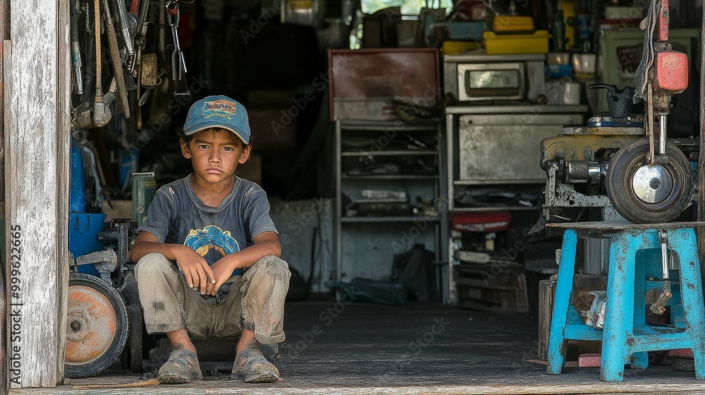 Young Nauruan Boy Dressed as Mechanic in Vehicle Repair Shop Young Nauruan Boy Dressed as Mechanic in Vehicle Repair Shop