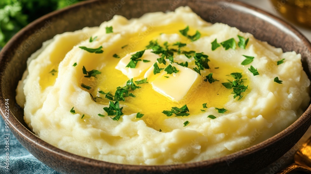 A bowl of creamy mashed potatoes topped with melted butter and fresh parsley, steaming hot and ready to eat. A bowl of creamy mashed potatoes topped with melted butter and fresh parsley, steaming hot and ready to eat.