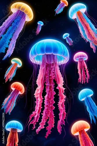 Cosmic Dance of Rainbow-Colored Jellyfish: A Journey Through Space