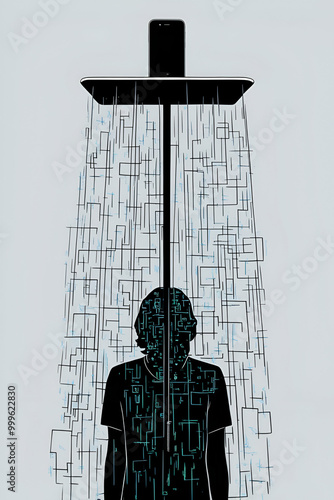 Digital Downpour: A Silhouetted Figure Lost in a Deluge of Static and Glitch