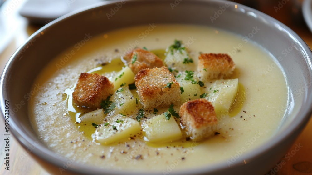 A bowl of potato and leek soup, creamy and topped with crispy croutons and a drizzle of olive oil. A bowl of potato and leek soup, creamy and topped with crispy croutons and a drizzle of olive oil.