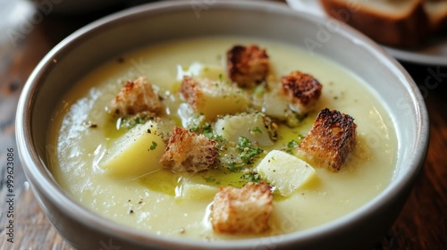 Wallpaper Mural A bowl of potato and leek soup, creamy and topped with crispy croutons and a drizzle of olive oil. Torontodigital.ca