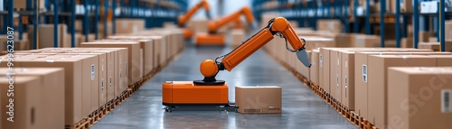 Automated robot in a warehouse efficiently handling cardboard boxes, showcasing modern logistics and technology advancements.