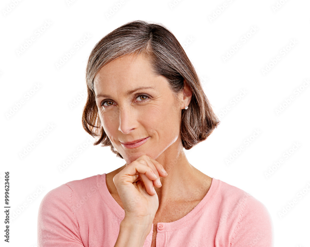 Senior woman, portrait and planning with idea, problem solving and confident on white studio background. Mature lady, brainstorming and retirement solution with choice and insight with mockup space Senior woman, portrait and planning with idea, problem solving and confident on white studio background. Mature lady, brainstorming and retirement solution with choice and insight with mockup space