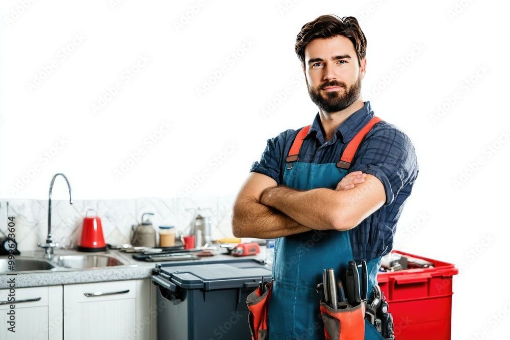 A handsome male craftsman stands in his white kitchen with arms crossed, wearing an apron and a black t-shirt. Created with Ai A handsome male craftsman stands in his white kitchen with arms crossed, wearing an apron and a black t-shirt. Created with Ai