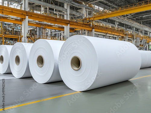 Large rolls of white paper stacked in a modern industrial facility, showcasing production and manufacturing processes.