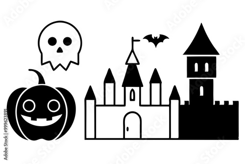 Halloween icon set . Pumpkin, Ghost, Bat, Grave, Vampire, Amazing Castle Black Icon for October 31 celebration. Spooky horror outline pictogram. Editable stroke. Vector illustration. photo