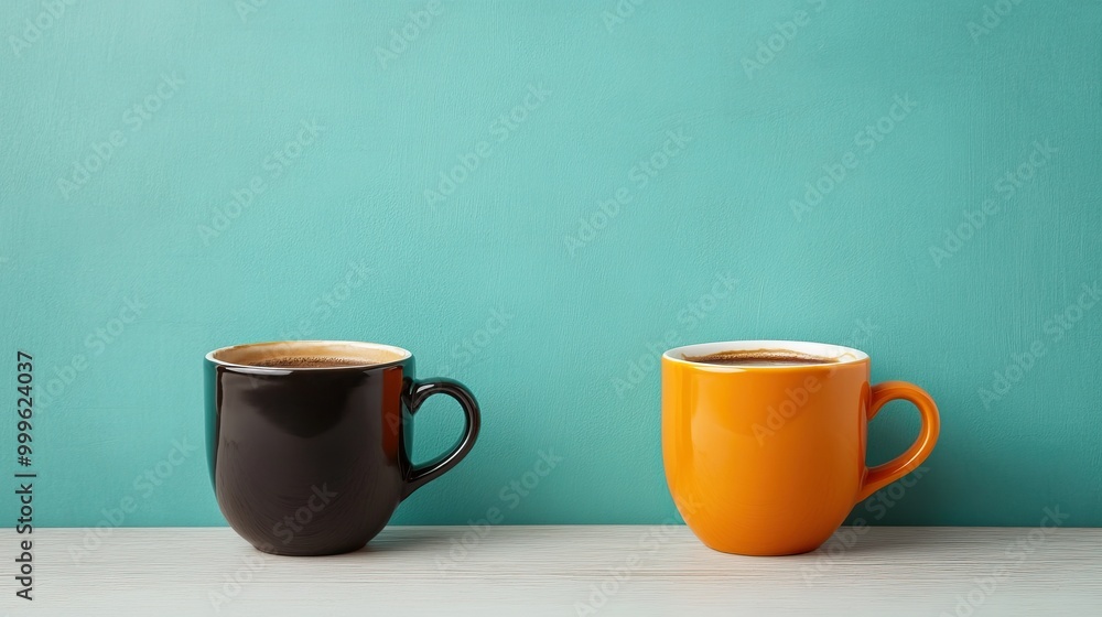 Obraz premium Two coffee mugs in black and orange on a turquoise background.
