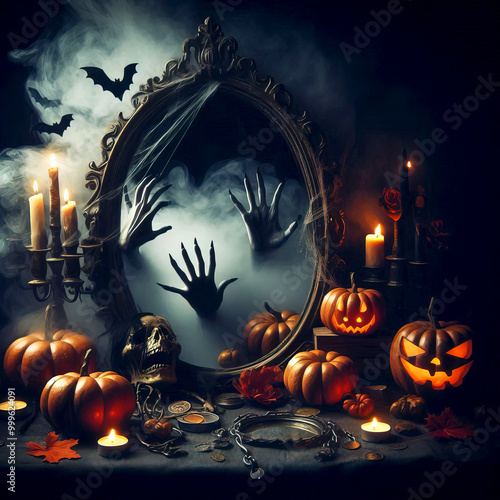 mystical, frightening reflection in a witch mirror on a table during mystical spells, surrounded by enchanted paraphernalia, candles and talismans. Halloween time