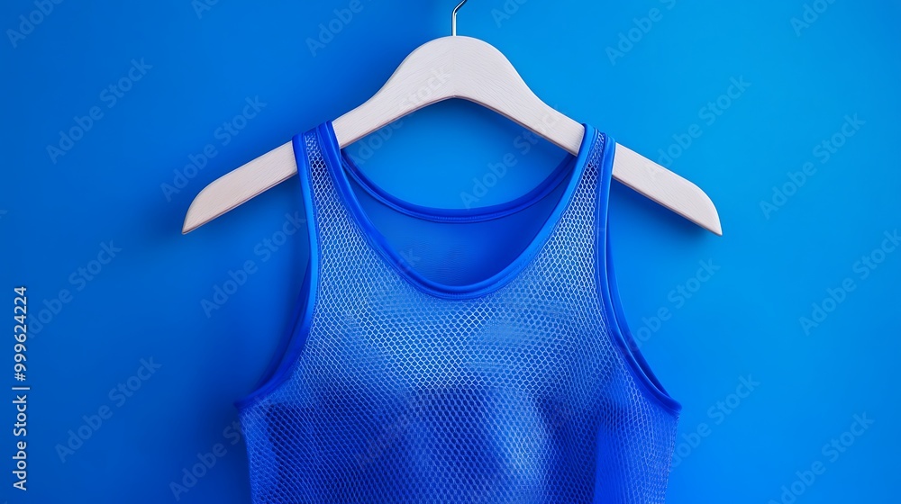 A bright blue mesh tank top on a white hanger against a blue background. A bright blue mesh tank top on a white hanger against a blue background.